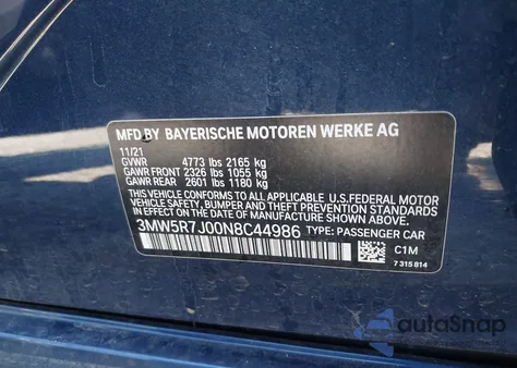 2022 BMW 330I xDrive z USA, uszkodzony, nr VIN 3MW5R7J00N8C44986